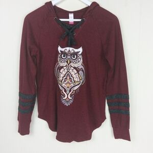 No Boundaries NOBO Whimsical Owl Hoodie Junior Size L 11/13 Novelty Print Top